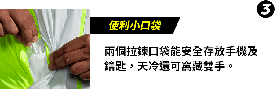 便利小口袋
                       兩個拉鍊口袋能安全存放手機及鑰匙，天冷還可窩藏雙手。